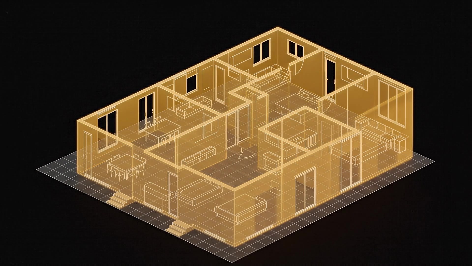 Architectural floor plan extruding into a 3D house model.