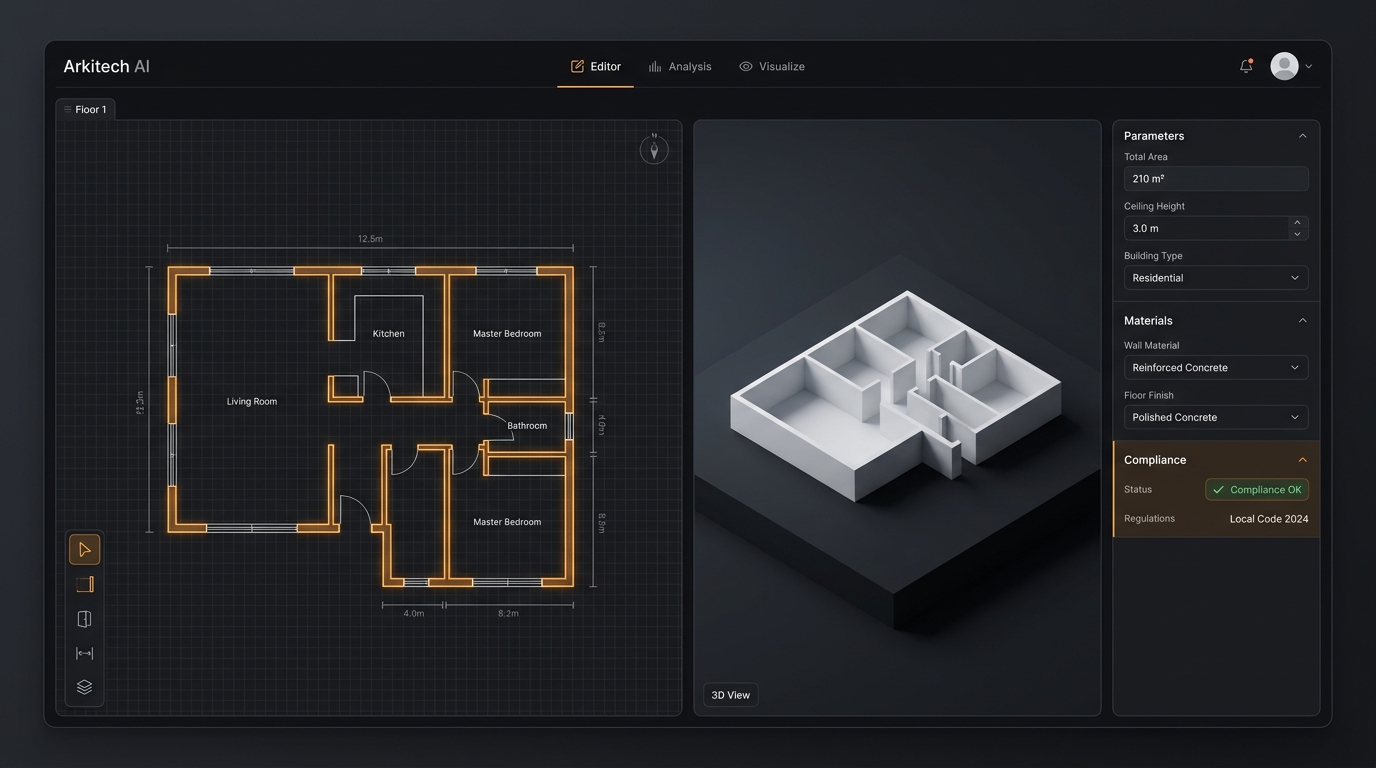 Arkitech AI product interface: floor plan editor on the left, 3D building model on the right.